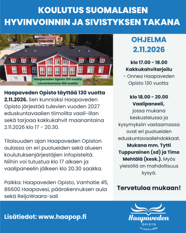 Haapaveden Opiston vaali-iltamainos. Vaali-ilta on 2.11.2026 klo 17.00-20.30.